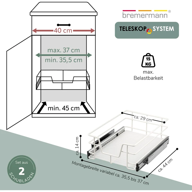 Teleskopschubladen 2er Set - für 40 cm Schrank mit Einlegeboden, aus Metall, (Weiß) – Bild 7