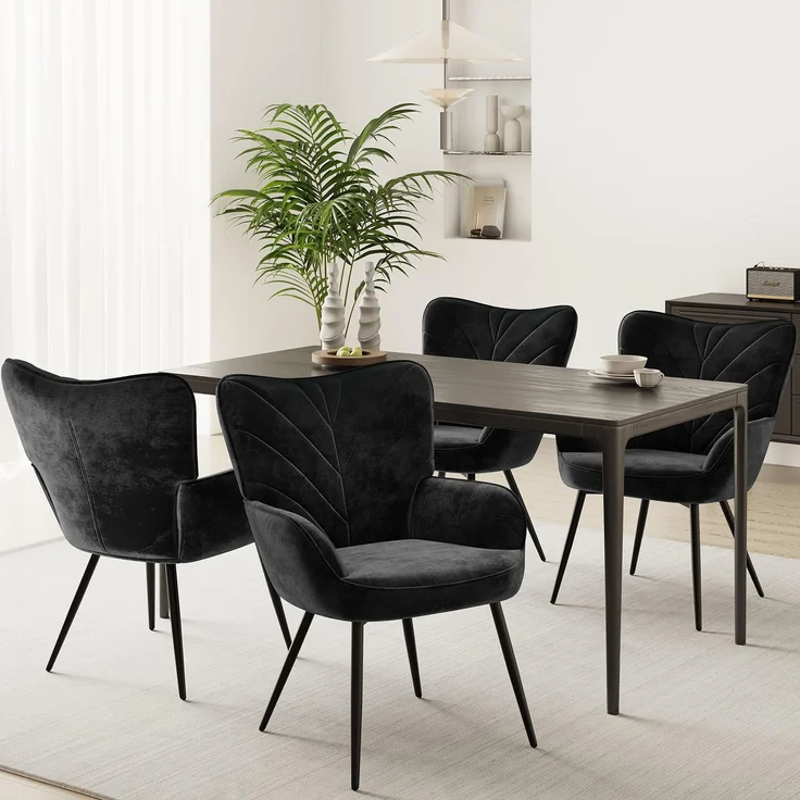 COLAMY Esszimmerstühle mit Armlehnen 4er Set, Stühle Esszimmer mit Rückenlehne, Polsternder Küchenstühle Gepolstert mit Wingback, Dining Chairs mit Holzbeinen für Esszimmer, Küche, Restaurant, Schwarz