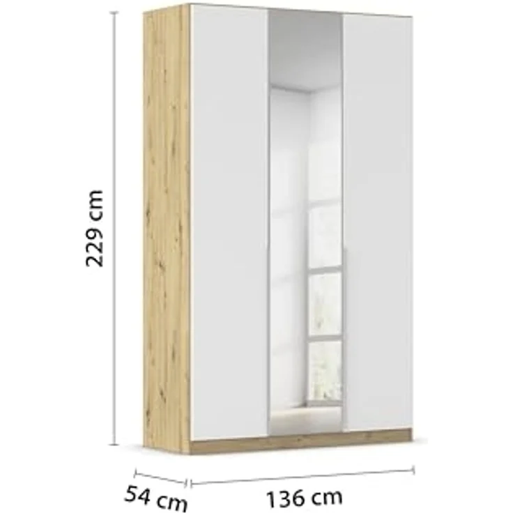 Rauch Möbel Alabama, Kleiderschrank für Schlafzimmer, Kinderzimmer, Wohnzimmer, Garderobe, Flur, 3-türig, Spiegel, mit Zubehör Premium, Farbe Weiß/Eiche Artisan, Holz, Breite 136 cm – Bild 3