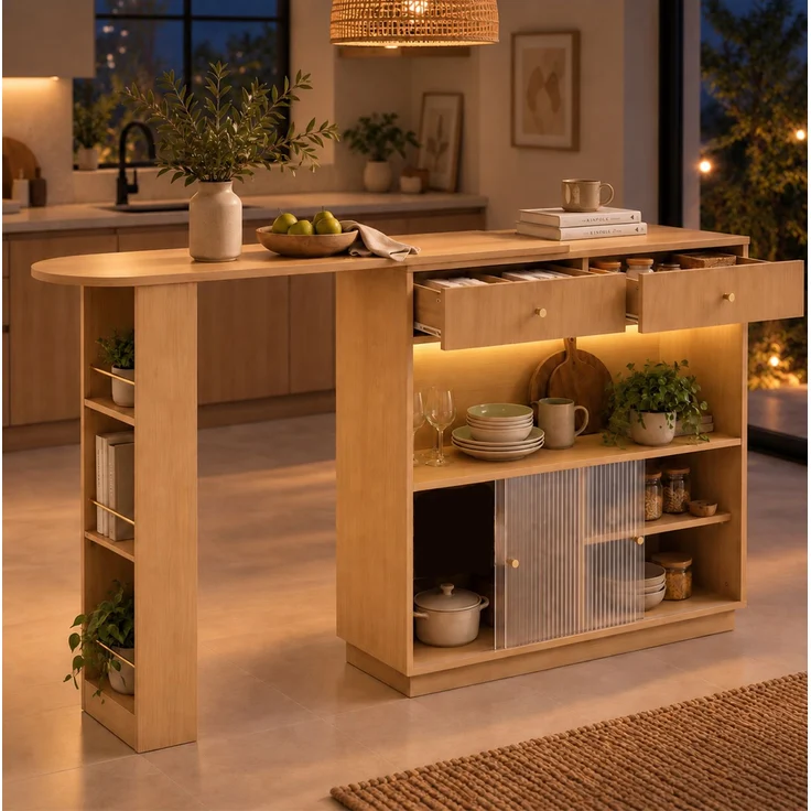 Bartisch mit 360° drehbarem Regalmodul, 120-183×30×100 cm, mit Stauraum und LED-Beleuchtung – Bild 2
