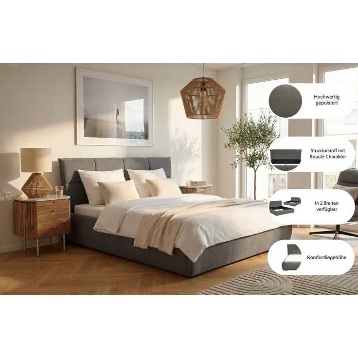 ATLANTIC home collection Polsterbett Narin in verschiedenen Größen, modernes gepolstertes Kopfteil mit stillvollen Akzenten – Bild 3