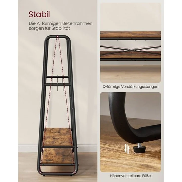 VASAGLE Kleiderständer, Garderobenständer, Garderobe, 2 Ablagen, 6 Haken in S-Form, Stahlgestell, vintagebraun-schwarz – Bild 4