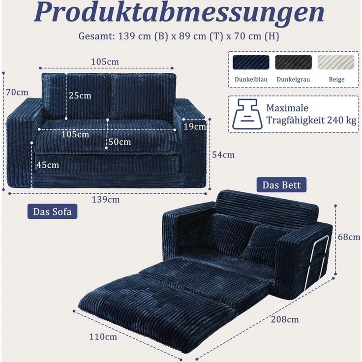 HomeMiYN Schlafsofa 2-Sitzer L139 CM klappbar Ecksofa mit Bettfunktion für kleine Räume, 1 Teile, 2-in-1 Schlafsofa – Tagsüber Sofa, nachts Gästebett (bis 240 kg) – Bild 2