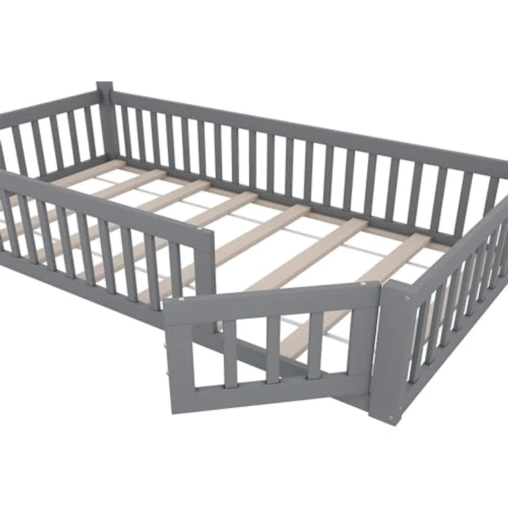 Ball & Cast Bodenbett (90x200 cm), Jugendbett und Hausbett mit Schornsteinform, Kinderbett 90x200 mit rausfallschutz, ohne Matratze, Grau – Bild 10