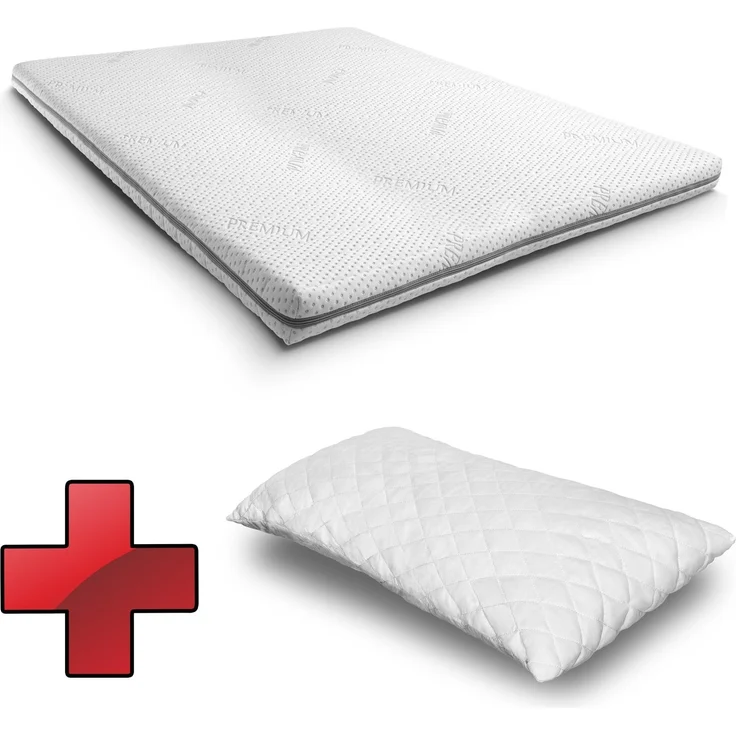 Kaltschaumtopper Supportho Premium Topper 120 x 200 cm H3, Höhe 9 cm, Härtegrad H3 mit antibakteriellem Bezug CloudComfort Basic Gel-Flocken Kissen 40 x 80 cm