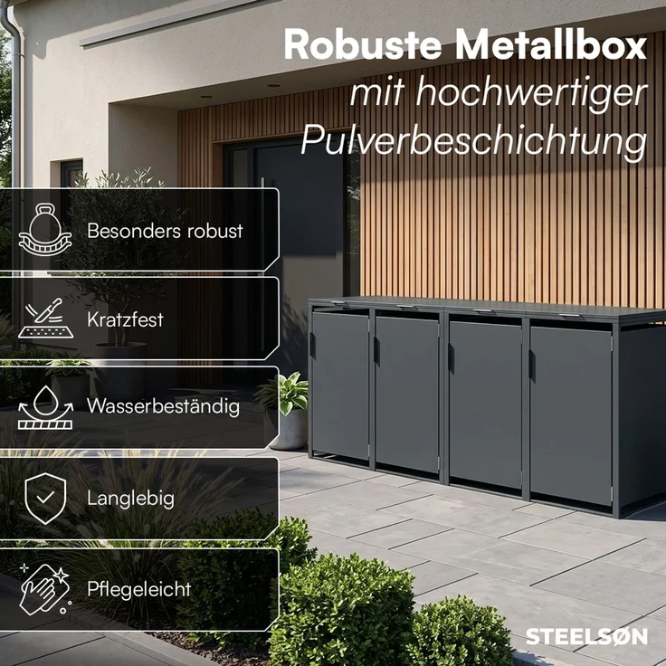 STEELSØN 'Thoria' Mülltonnenbox 4er je 240 Liter, anthrazit, Mülltonnenverkleidung aus Stahl, wetterfest, 116x80x268 cm, Müllbox für 4 Tonnen – Bild 4
