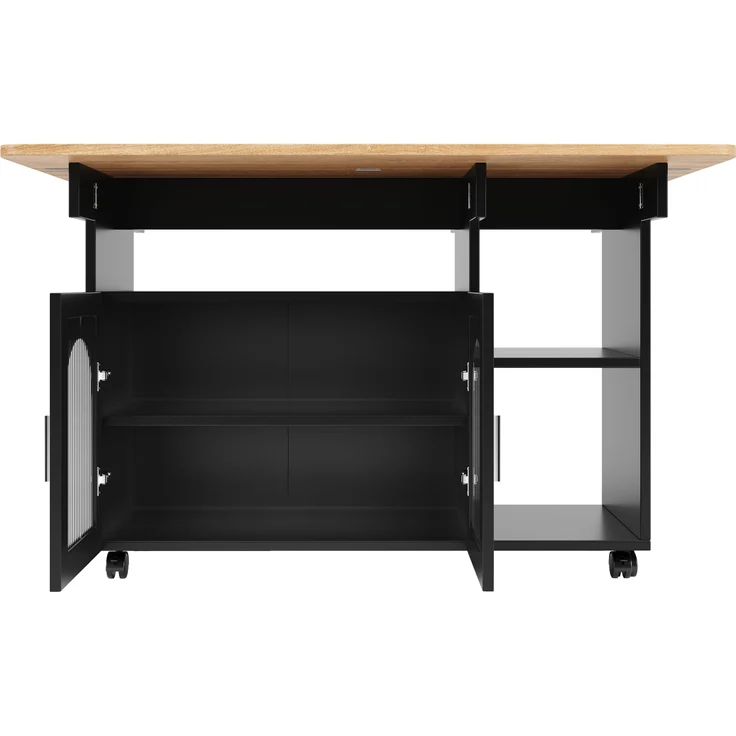 Kücheninsel 120 cm Schwarz & Natur mit klappbaren Seitenbeinen, Küchenwagen aus MDF, Metall und Glas, mit Stauraum, offenen und geschlossenen Ablagen, 79.5cmx120cmx70cm – Bild 8