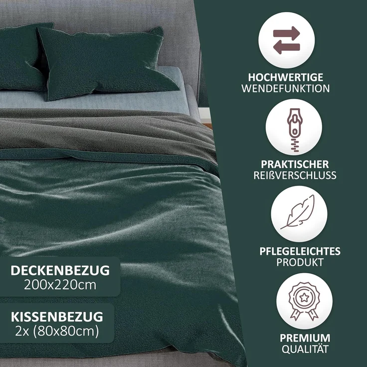 Moderne Plüschbettwäsche mit Reißverschluss - einfarbig, wendbar & warmhaltend Grün 200x220cm + 2x 80x80cm Kissenbezug – Bild 2
