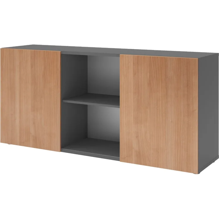 bümö Schwebetürenschrank, Sideboard Graphit/Nussbaum - Büromöbel Sideboard Holz 160cm breit, 42cm schmal, Büro Schrank mit Schwebetür für Flur oder als Wohnzimmer-Kommode, 1780-G-N