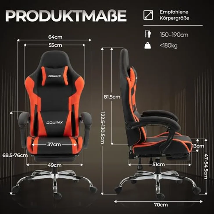 Dowinx Gaming Stuhl, Ergonomischer Gamer Stuhl für Büro und Home Office, Verstellbarer Bürostuhl mit Rückenlehne bis 150°, mit Fußstütze, Belastbar bis 180 kg, Rot – Bild 3