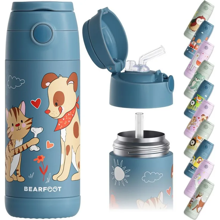 BEARFOOT Trinkflasche Thermo Kinder Trinkflasche Edelstahl - Hund & Katze blau, Thermosflasche, auslaufsicher, Edelstahl, Kinderflasche, BPA-frei