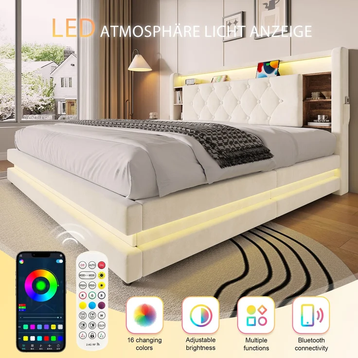TavilaEcon Boxspringbett Samtbett, Polsterbett mit LED-Beleuchtung & USB-Ladefunktion beige Liegefläche 160 × 200 cm – Bild 3
