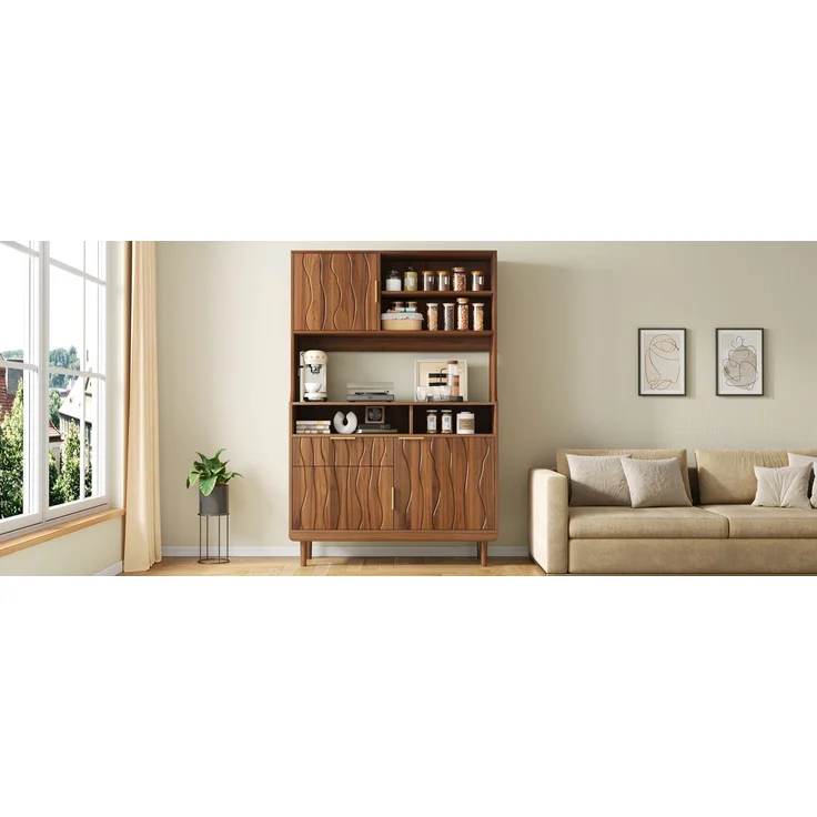 Sideboard,Hochschrank Küchenschrank Buffet Schrank Stauraumschrank mit Schublade Türen offene Regale MDF PB Holzschrank mit Massivholz Füßen--Nussbaum--100x32x170cm--YOUDENOVA – Bild 7