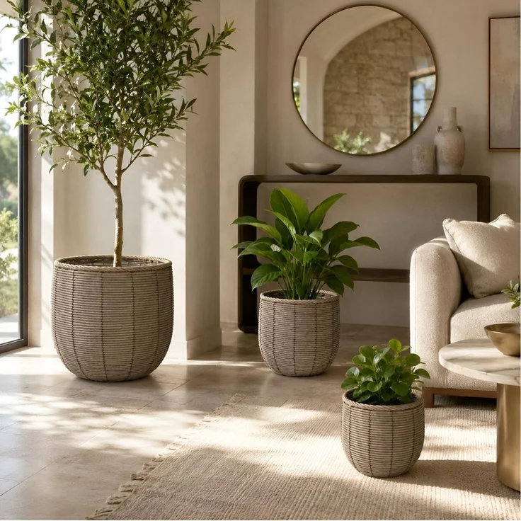 colourliving Blumentopf Gala Pflanzkübel Rattan 3er-Set – Große Indoor Blumentöpfe Naturgrau (3 St), Integrierter Folieneinsatz, dekorative Flechtoptik – Bild 3