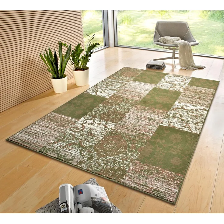 Kurzflor Teppich Bloques Grün Creme - 235x320x0,9cm