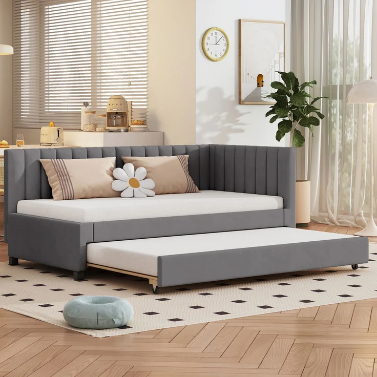 Polsterbett 90*200, Ausziehbares Schlafsofa, Multifunktionsbett mit Lattenrost, Jugendbetten Kinderbetten Gästebetten, Samtstoff Grau – Bild 1