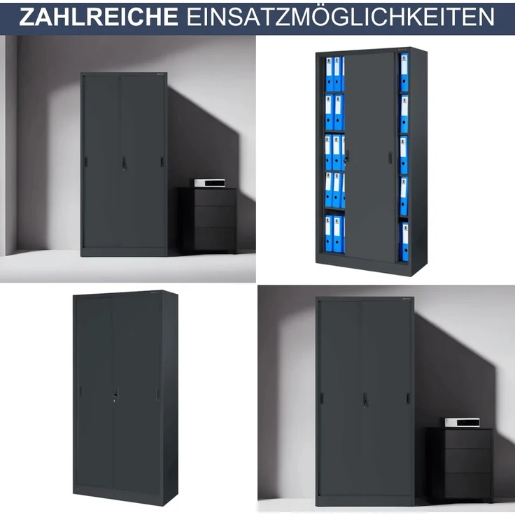 Aktenschrank abschließbar ROLF - Schiebetüren, 5 Ebenen | Büroschrank aus Stahl Metallschrank Werkstatt Mehrzweckschrank Werkzeugschrank, 185x90x40cm Anthrazit – Bild 6