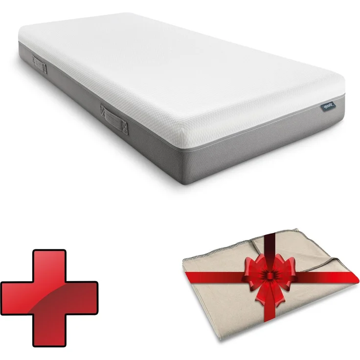 Viskoelastik-Matratze Sleezzz Premium 90 x 200 cm, Höhe 20 cm, Härtegrad H2/H3, mit Wendegriffen + Sleezzz® Smart Kuscheldecke 150 x 200 cm gratis