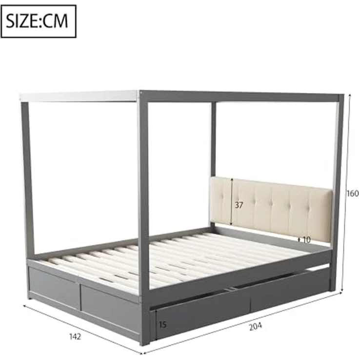 Ball & Cast Himmelbett 140 * 200 cm mit großen Schubladen und weicher Rückenlehne, Holz Bett Grau – Bild 2