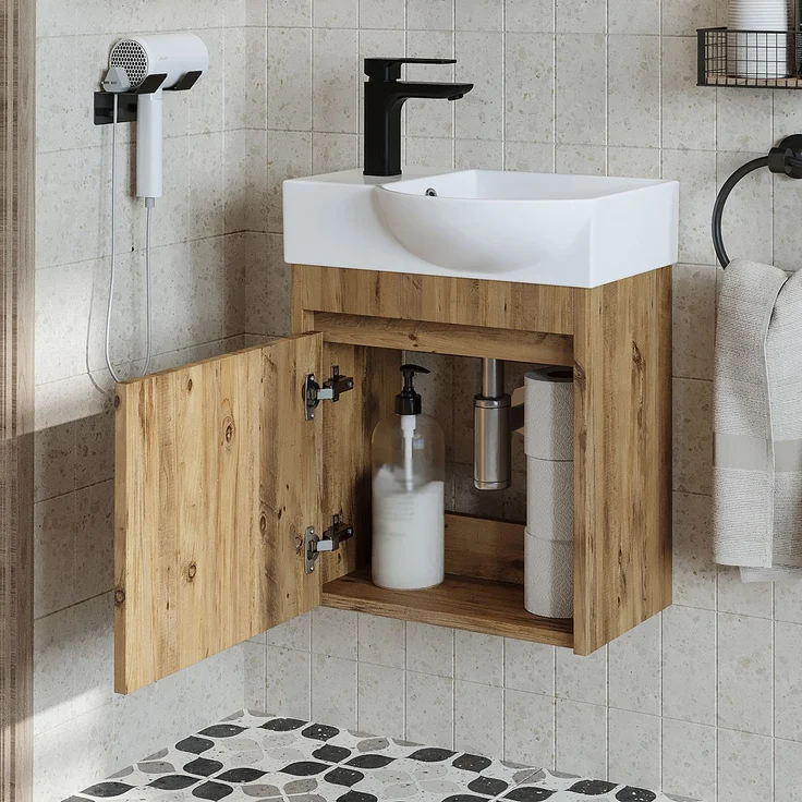 Roomart LEO Badmöbel Set– 2-teiliges Badezimmermöbel Set - Waschbecken mit Unterschrank - H 45 x B 24.5 x T 46.5 cm • Eiche – Bild 2
