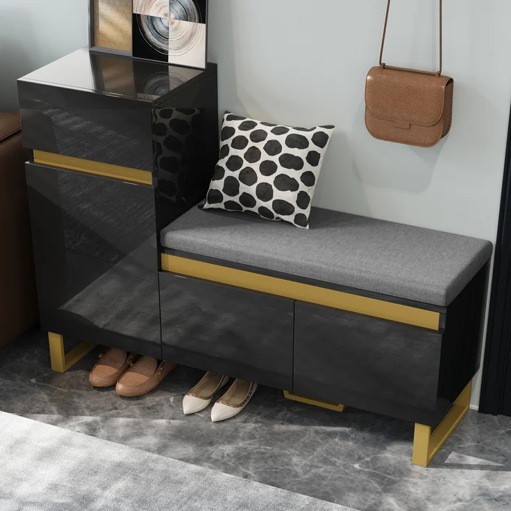 Schuhschrank mit Sitzbank, Schublade und offenem Fach, zweifarbiges Design, praktischer Stauraum,Schwarz – Bild 6