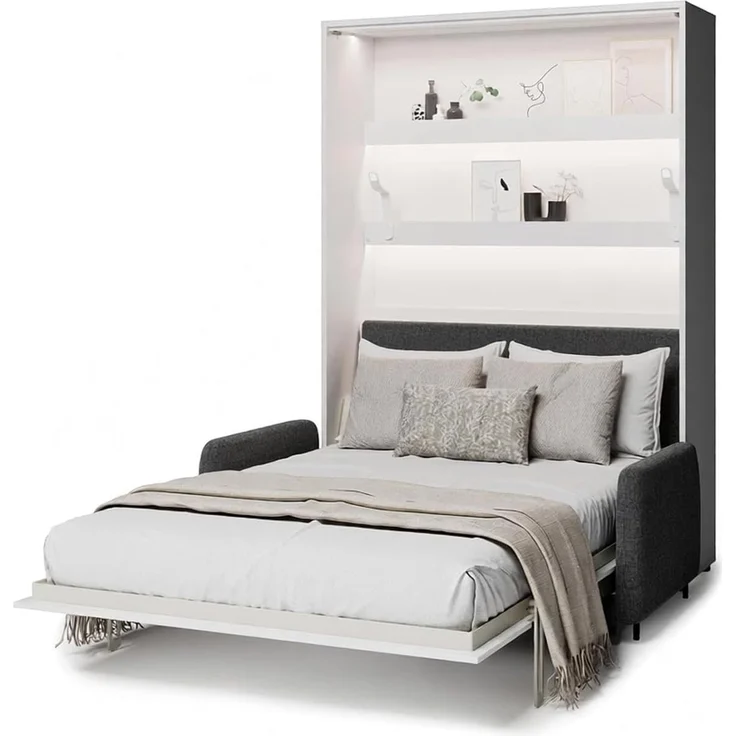 MEBLINI Elektrisches Schrankbett BC-36 - 140x200cm Vertikal - Weiß Matt - Sofa und Kopfteil Dunkelgrau - Wandbett mit Lattenrost, Matratze, Sofa und Kopfteil - Wandklappbett – Bild 1