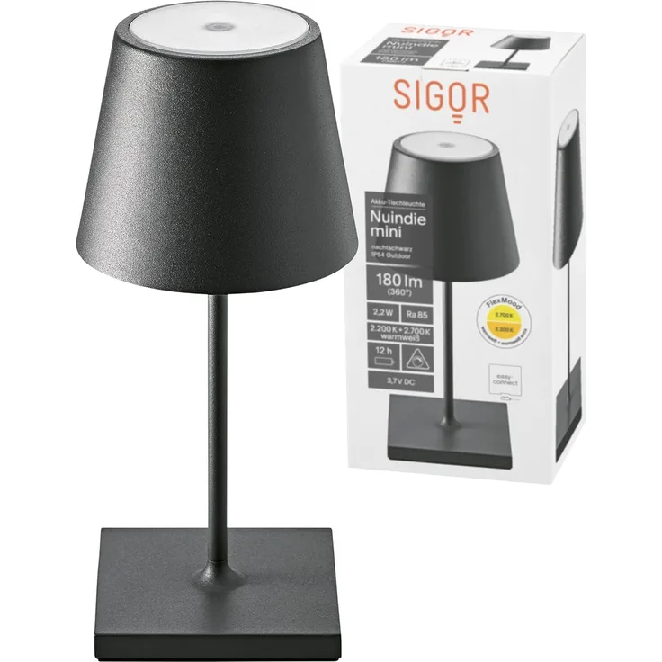 Sigor NUINDIE 250mm Akku-Tischleuchte nachtschwarz rund