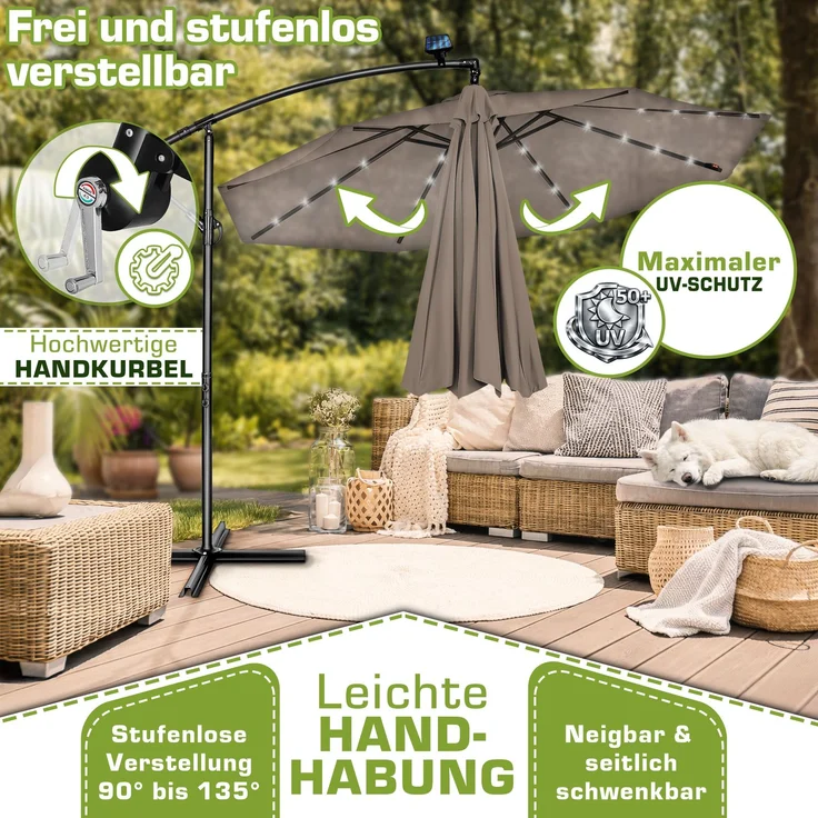 tillvex Alu Ampelschirm Cappuccino LED Solar Ø 350 cm mit Kurbel | Sonnenschirm mit An-/Ausschalter | Gartenschirm UV-Schutz Aluminium | Kurbelschirm mit Ständer Marktschirm wasserdicht – Bild 3