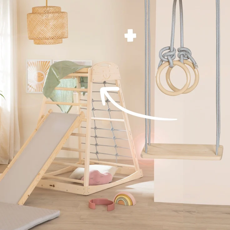 roba Montessori Indoor Spielturm inkl. 2in1 Rutsch- & Kletterbrett, Kletternetz- & Sprossenseite, Schaukel & Turnringen - Geeignet ab 24 Monaten - Belastbar bis 70 kg - Holz natur – Bild 4