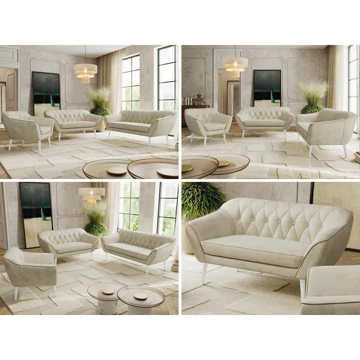 Wohnzimmerset PIRS 1-2-3, Skandinavisches Komplettset, Wellenfederung, weiße Füße, Sitzgruppe, Möbelset - Beige Velvet – Bild 2