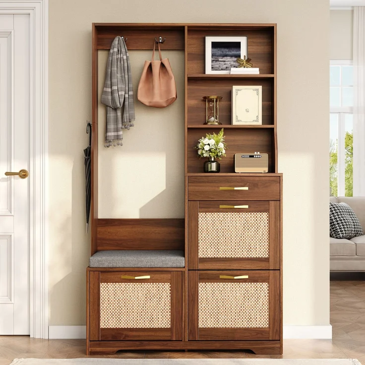 Garderobenschrank Flurgarderobe mit Sitzbank Schuhschrank Rattan Front Kleiderhaken Schubladen Stauraumschrank Eingangsbereich--Nussbaum--100x30x170cm--YOUDENOVA – Bild 9