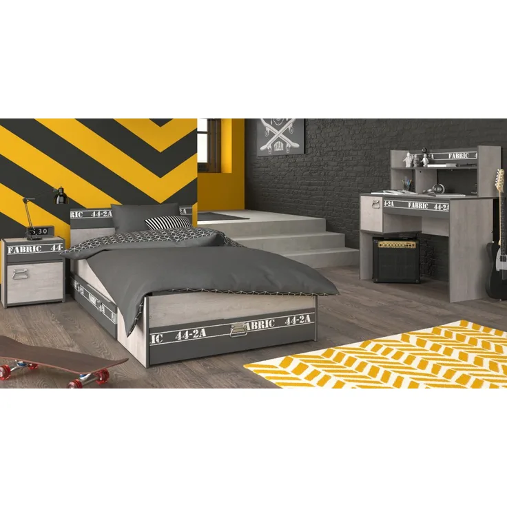 Fabric 15 Parisot 4-tlg grau, 2-trg. Bett + Bettschubkasten + Nachttisch + Schreibtisch