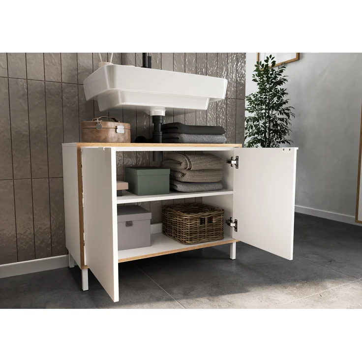 Germania Waschbeckenunterschrank 5000-513 GW-Topeka, in Weiß/Eiche, mit Siphonaussparung, 80 x 60 x 34 cm (BxHxT) – Bild 6