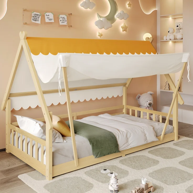 Holzbett, Kinderbett Einzelbett exquisites Holzhausdesign abnehmbares Zelt stabile Lattenroste mit Sicherheitsgeländer, Kiefer + Sperrholz, Natur, 90 x 200 cm – Bild 2