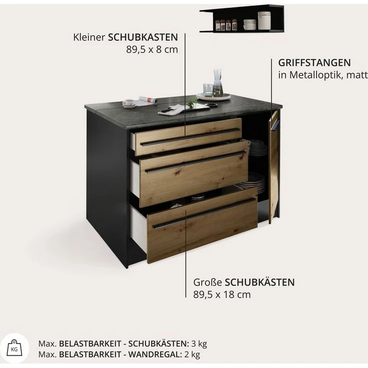 Jazz Moderne Kücheninsel mit Arbeitsplatte freistehend in Anthrazit, Artisan Eiche Optik - Geräumige Kochinsel mit viel Stauraum - 145 x 90 x 90 cm (B/H/T) – Bild 4