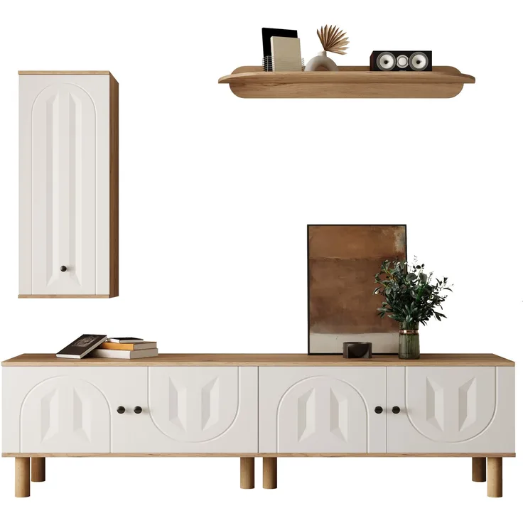 Wohnwand, 3-tlg, best, aus: Highboard, Schränke, Wandboard, Weiße und hölzerne, geschnitzte Türpaneele.--Weiß+Natur--110.01x45.09x17.68cm--YOUDENOVA
