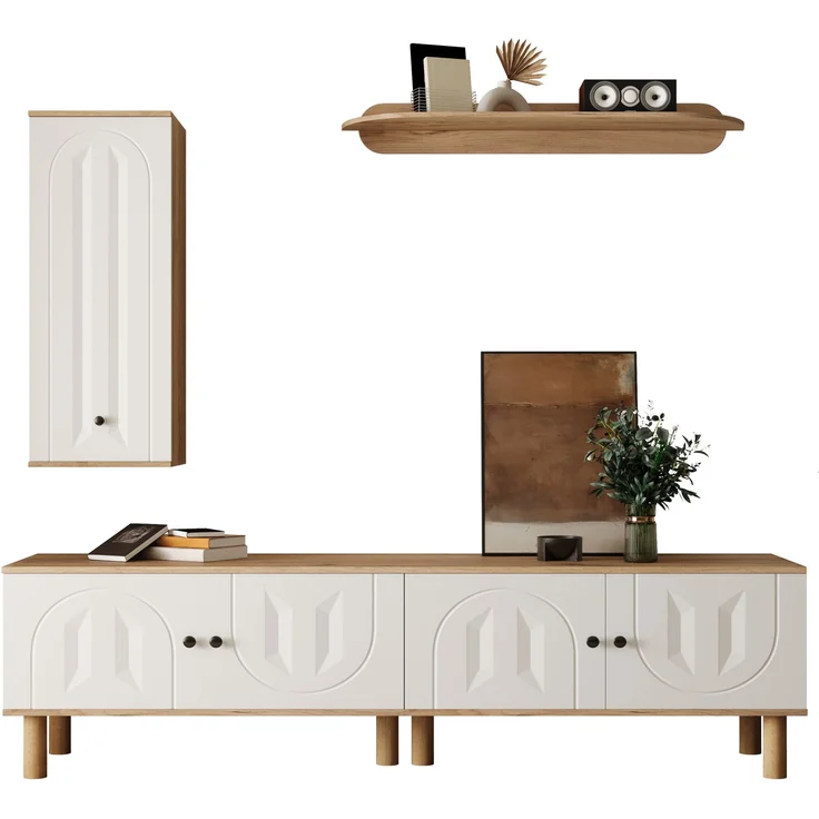 Wohnwand, 3-tlg, best, aus: Highboard, Schränke, Wandboard, Weiße und hölzerne, geschnitzte Türpaneele.--Weiß+Natur--110.01x45.09x17.68cm--YOUDENOVA – Bild 1