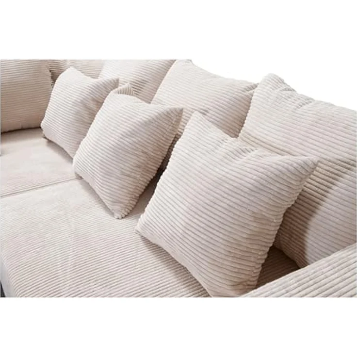 Wohnlandschaft Sofa Couch Ecksofa Eckcouch Cordstoff beige + Hocker Minsk L – Bild 7