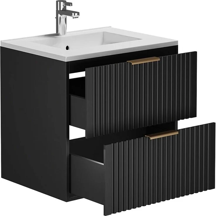 Vente-unique - ZEVARA Waschbeckenmöbel Holz, PlatteKeramik Schwarz - B 46 cm x H 57 cm x L 60 cm – Bild 4