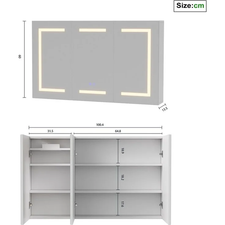 Simurq Spiegelschrank Badezimmerspiegelschrank 3 türig Hängeschrank mit LED Beleuchtung (3 Farbtemperaturen Dimmbar) Badspiegelschrank 100 x 13,5 x 60 cm mit Steckdosen, Anti-Fog – Bild 3