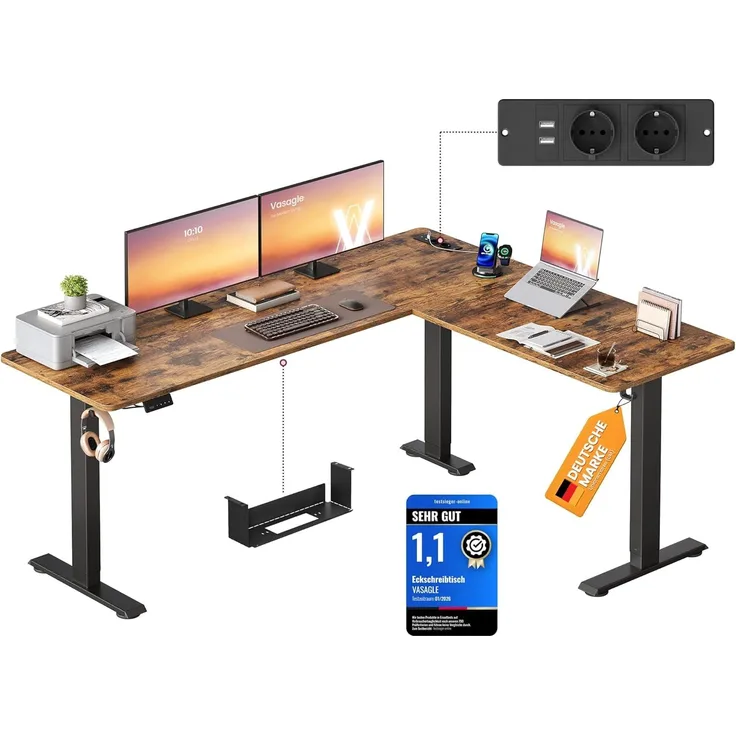 VASAGLE Höhenverstellbarer Schreibtisch, 190 x 155 cm, L-förmiger Eckschreibtisch, Stehtisch, 2 AC-Steckdosen, 2 USB-A-Anschlüsse, Ablage für Steckdosenleiste, für Büro, vintagebraun LSD295KD01