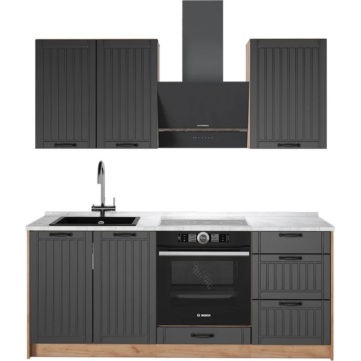 Singleküche Fame-Line Dunkelgrau/Goldkraft Eiche 190 cm, AP Marmor Vicco – Bild 1