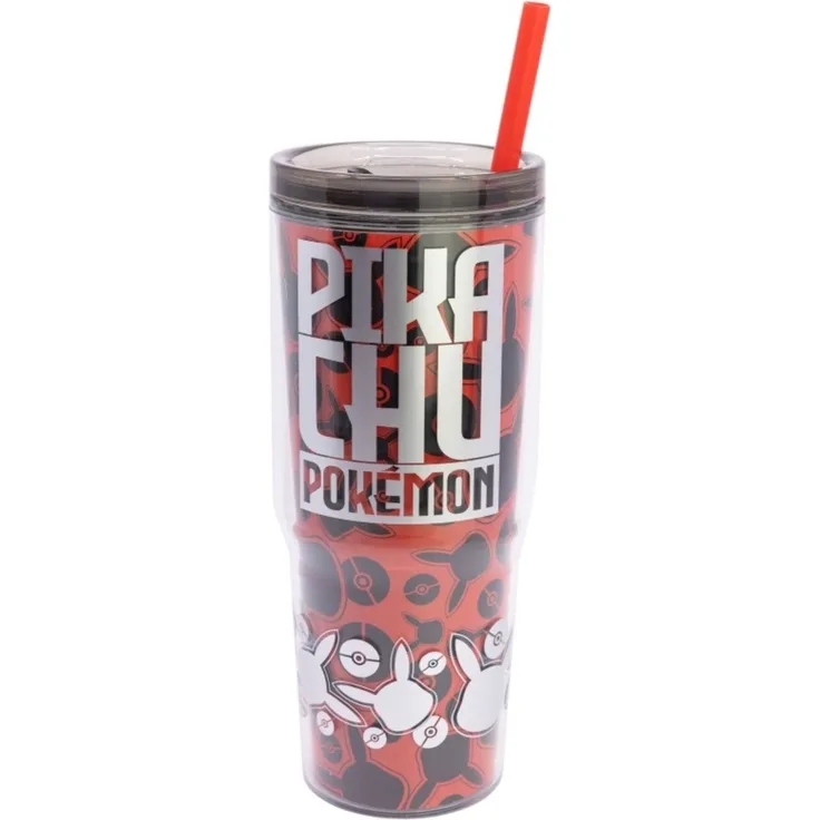 Pokemon Trinkbecher mit Strohhalm und Henkel Doppelwandig 860 ml