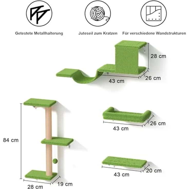 FUKUMARU Kletterwand Katzen Set, 10-teilig Katzen Kletterwand Set, aus robuster Multiplexplatte，Hängematte Katze mit Katzenhaus, Katzenbrücke, Katzenbaum, Katzentreppe bis zu 18 kg, grün – Bild 7