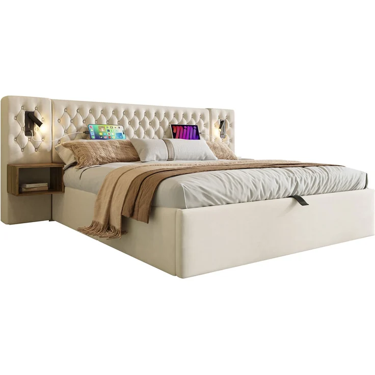 Bettanlage Schlafzimmer Komplett Set,Polsterbett Hydraulisch Stauraumbett Doppelbett 160×200 cm mit 2 Nachttischen, Kopfteil Leselicht mit USB Ladefunktion, Beige, Samt(Ohne Matratze) – Bild 8
