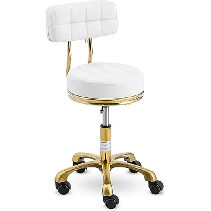 Physa Drehstuhl Rollhocker mit Lehne Friseurhocker Kosmetik 150 kg weiß & golden, Weiß