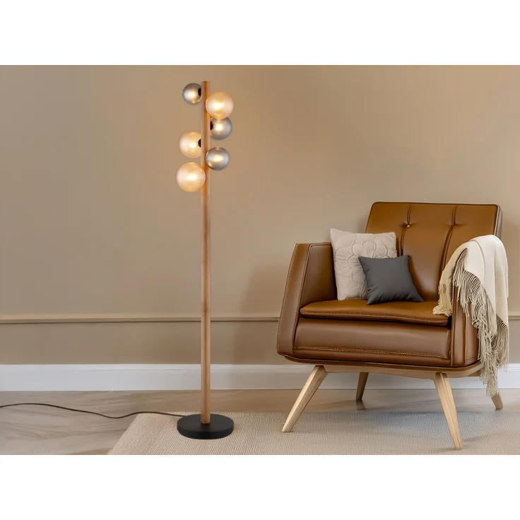 LED Stehleuchte aus Holz 6-flammig Glaskugeln Rauchglas & Bernstein, H: 150cm – Bild 1