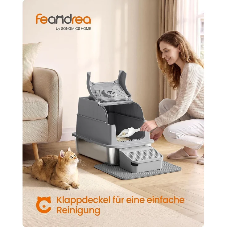 FEANDREA Katzenklo aus Edelstahl, geschlossene Katzentoilette mit Deckel und 2 Eingängen, mit Schaufel und Bürste, dunkelgrau – Bild 2