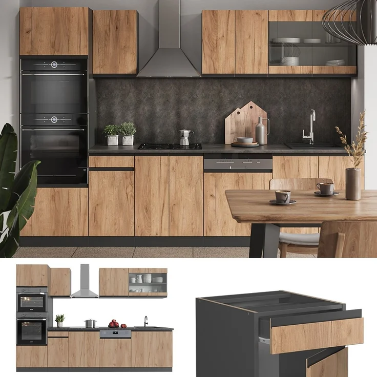 Küchenzeile R-Line Goldkraft Eiche/Anthrazit 300 cm J-Shape mit Hochschrank, AP Anthrazit Vicco – Bild 2
