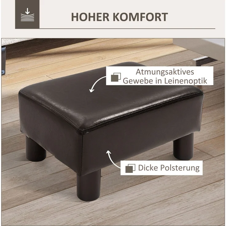 Fußhocker aus Kunstleder, gepolsterte Sitzfläche, 40x30x24 cm, Braun – Bild 6